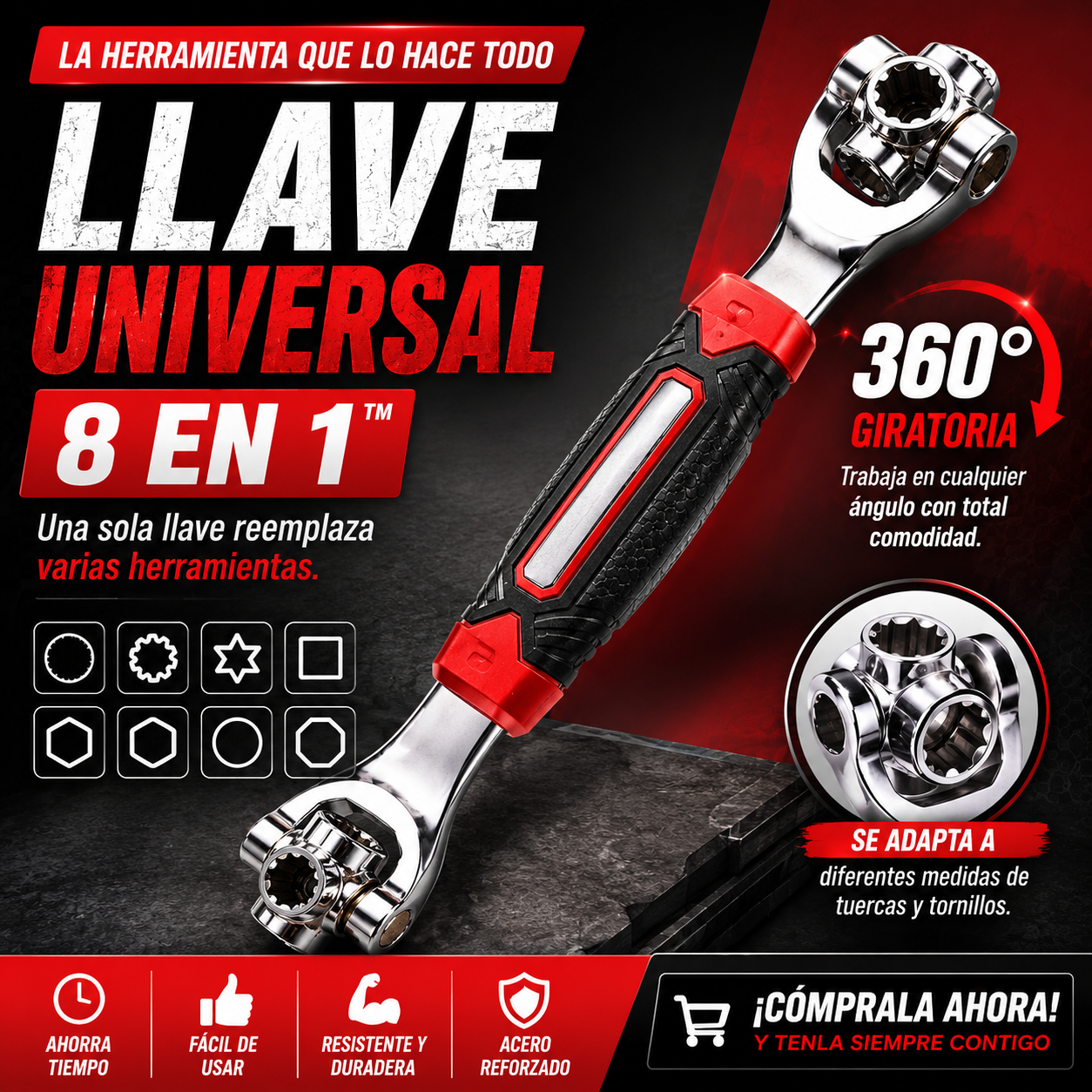 LLAVE UNIVERSAL 8 EN 1 - AHORRA DINERO Y ESPACIO